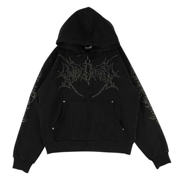 Welcome Skateboards Grapple Cropped Pigment-Dyed Zip Hoodie Wth Studs (Black)
