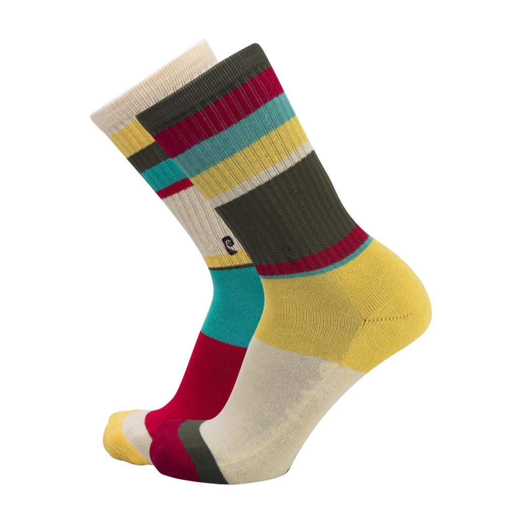Psockadelic Striped Socks - Tan/Olive/Red/Yellow